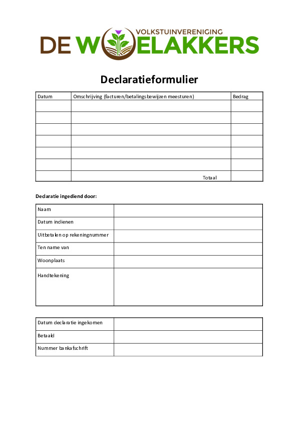Declaratieformulier Volkstuinvereniging Woelakkers